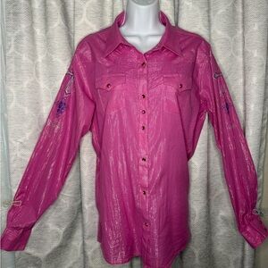 Wrangler Womens XL Pink Metallic Western Shirt Rhinestone Cross Snap Button